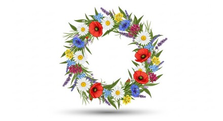 Naklejka premium Round Wreath of Wildflowers on White Background, Floral, Circular, Frame
