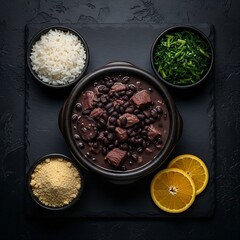 Brazilian Feijoada. shot of a deep earthenware bowl filled with the hearty black bean and pork stew, accompanied by side dishes of rice, collard greens, farofa, and orange slices, set on a dark, stone