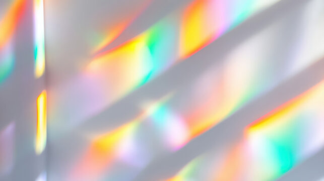 Colorful light reflections create vibrant display on white wall, enhancing atmosphere with sense of mental clarity and wellness. This beautiful scene promotes health and tranquility