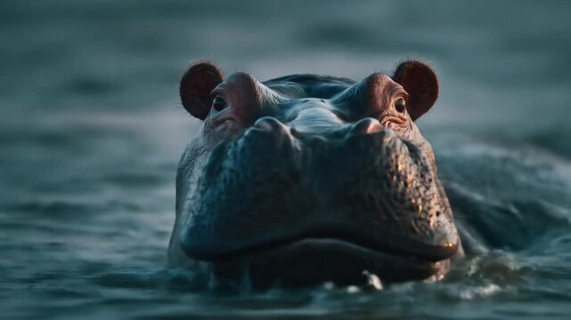 Hippo partially submerged in water, only its head and back are visible