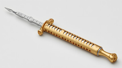 a close-up shot of a ornate, gold-plated syringe, meticulously crafted with intricate detailing
