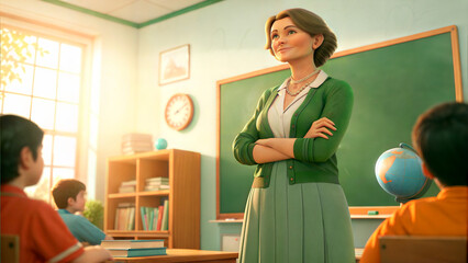 Teacher standing confidently in front of a classroom with students engaged in learning