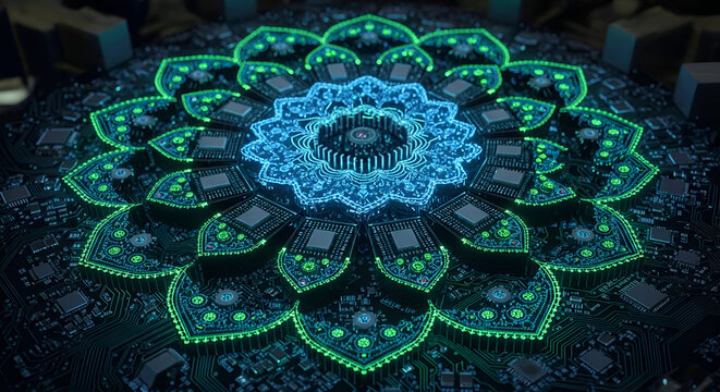 Intricate digital mandala design with glowing neon circuit board elements and microchips, symbolizing futuristic technology and interconnectedness
