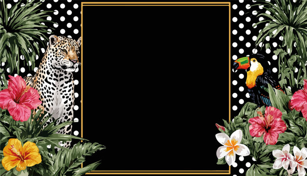 Cornice tropicale vettoriale con leopardo, tucano, fiori di ibisco e foglie di palma su sfondo pois.