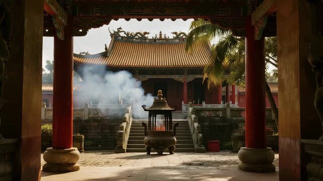 Camera moves through a temple gate toward the inner altar as sunlight cuts through drifting smoke Red and gold details shimmer brightly while a soft breeze moves hanging banners in the quiet sacred