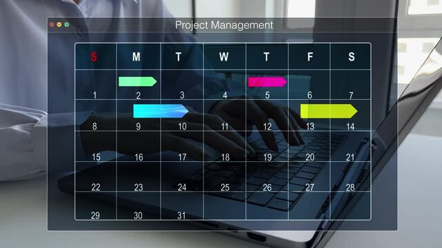 Project manager updating tasks and milestones progress planning with calendar interface for company.Business Project Management System.	

