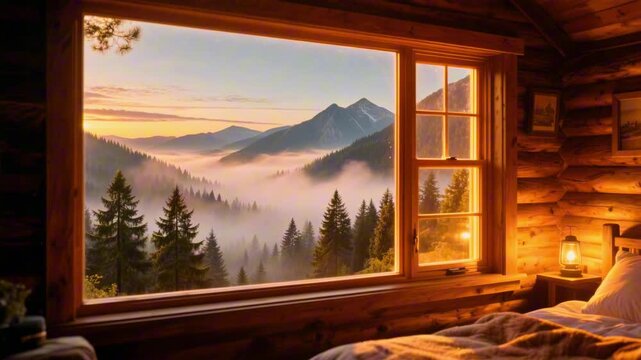 Warm cabin light glows beside a wooden window framing a misty mountain valley at dawn. Golden fog drifts over pine forests as the serene view, peaceful, cozy travel atmosphere with gentle morning calm