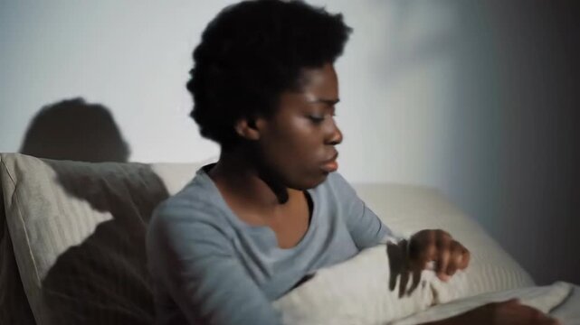 Sad African woman in bed with anxiety, insomnia, mental health, and depression looking worried.
