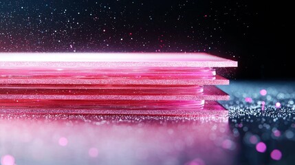 A close-up shot of stacked pink, glittery objects with tiny sparkling particles in the air and on a reflective surface.