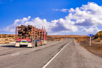 New Zealand - Logging Truck on the Desert Road, passing through the Rangipo Desert.