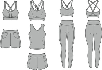 Women’s athletic wear technical sketch, sports bra, tank top, shorts, leggings design, cad drawing flat vector illustration, fashion apparel