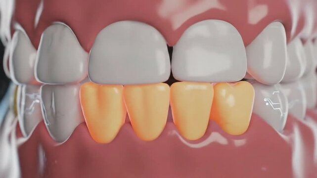 Dental health visualization of tooth decay and gingivitis showing plaque buildup on diseased enamel and inflamed gums with glowing red highlights medical animation