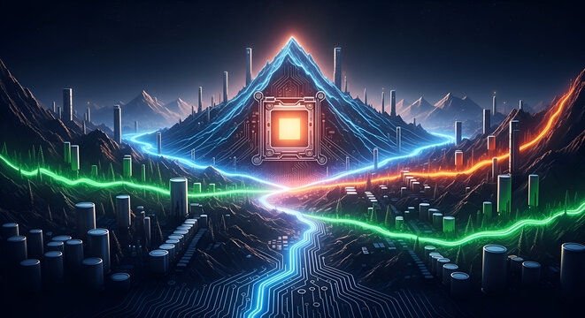 Stunning futuristic cityscape landscape with glowing circuit board rivers flowing through digital mountains under starry night sky