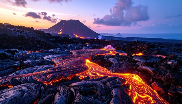 A vibrant, glowing river of molten lava flows across a rugged, dark volcanic landscape towards the ocean during a colorful sunset.