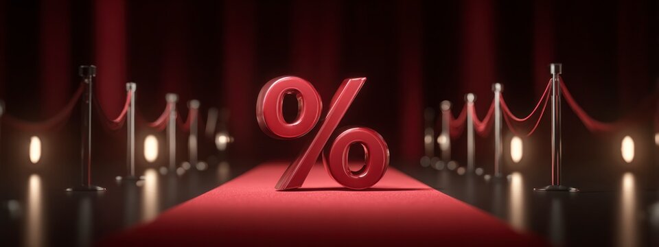 Glossy red percent symbol on a red carpet with dramatic lighting. Great for retail, offers, and luxury sale promotions. banner 
