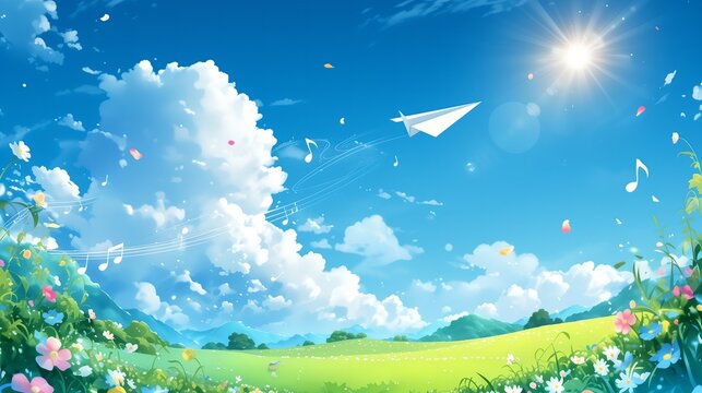 Paper airplane under the sun, musical symbols and starlight, children's fairy tale themed gatherings, party concerts, music festivals