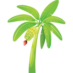 Vibrant Banana Tree With Green Leaves And A Bunch Of Yellow Bananas Hanging Down With Red Blossom Isolated On Transparent Background Detailed Tropical Plant Illustration
