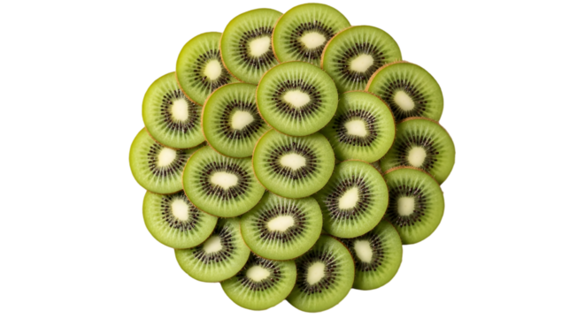 A vibrant pile of sliced kiwis, isolated on a transparent background, showcasing their unique texture and color