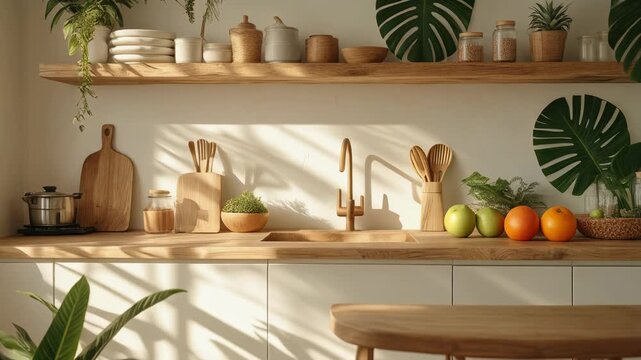 Modern kitchen interior with wooden shelves.