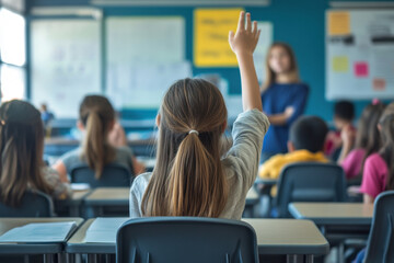 A happy student raises her hand in a classroom during a lesson. Concept of active learning, curiosity and gaining knowledge in a school environment. Focus on the student