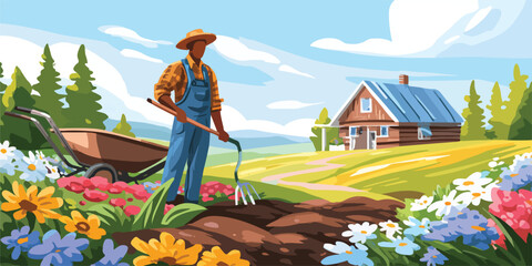 Un contadino lavora il suo giardino fiorito vicino a una casa di campagna in una giornata di sole.