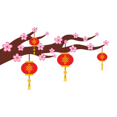 Chinese Hanging Lantern With Blossom Tree