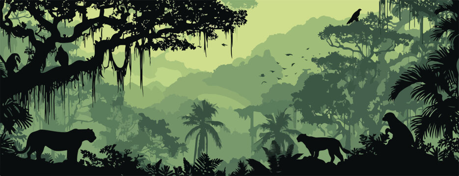 Pantere e scimmie in una giungla lussureggiante e misteriosa, con una nebbia verde che avvolge le colline lontane.