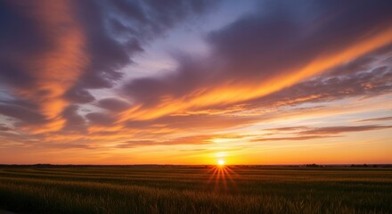 Obraz premium Golden Sunset Over A Lush Green Field, Sunrise, Golden hour, Twilight