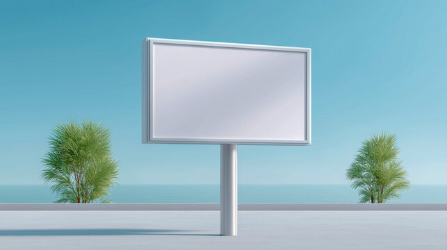 Blank billboard standing by the seaside with clear sky and palm plants creating clean modern advertising concept