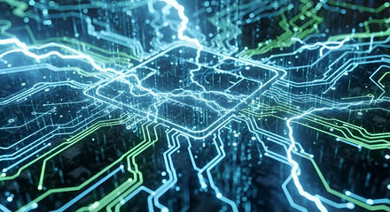Dynamic digital circuit board pulsing with vibrant blue and green electric energy, representing innovation and complex data flow.