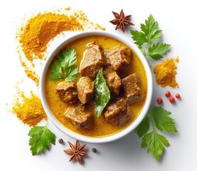 Savory meat curry with green leaves in a white bowl Turmeric powder star anise red peppercorns on a white surface