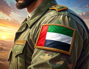 Generated image. UAE flag emblem on the sleeve of the Arab army uniform.