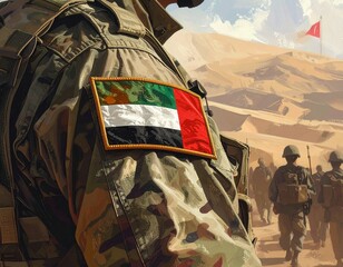 Generated image. UAE flag emblem on the sleeve of the Arab army uniform.