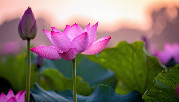 A beautiful pink lotus flower and its bud are captured in a serene pond setting, with large green leaves and a soft, blurred background.