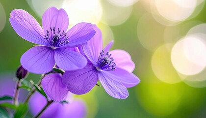 Two delicate purple flowers are in sharp focus against a soft, blurred background of green and yellow bokeh lights.