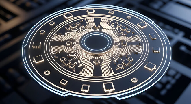 Stunning futuristic digital circuit board glowing with neon light, representing advanced technology and innovation