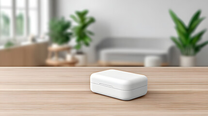 A minimalistic image of a white rectangular box placed on a wooden table. The box is in focus, while the background is blurred and features indoor objects