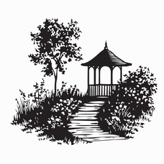 Calm Garden Path Scene with Gazebo Silhouette on white background