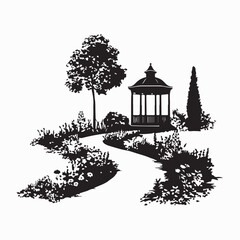 Peaceful Garden Path with Gazebo Silhouette on white background