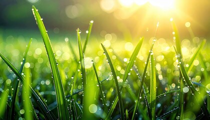 Macro shot of vibrant green grass covered in dew drops, illuminated by the warm glow of the rising sun.