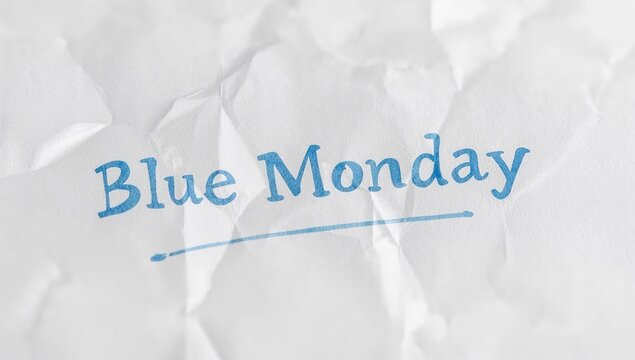 Blue monday concept with handwritten text on crumpled white paper symbolizing sadness, depression, stress, mental health, and mood awareness