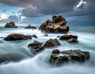 Obraz premium Dramatic seascape captures dark storm clouds, ocean, rocks, and long exposure water