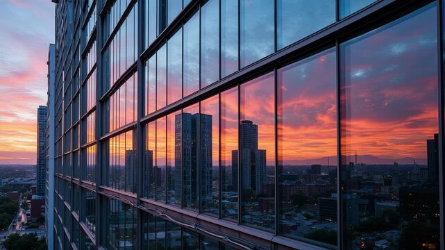 Stunning sunset reflection on glass office tower, slow cinematic dolly in creates powerful corporate cityscape, perfect for business themes