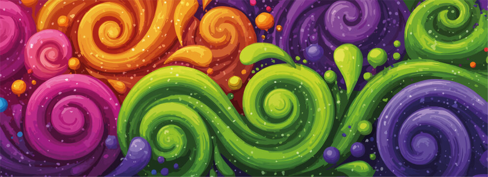 Vortici colorati e forme astratte creano un pattern dinamico e vibrante, pieno di energia.