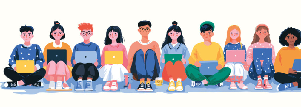 Un gruppo diversificato di giovani studenti seduti a terra con laptop, che rappresentano l'istruzione moderna e la tecnologia.