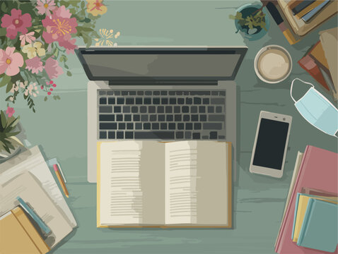 Scrivania ordinata con laptop, libro aperto, smartphone, maschera protettiva e fiori.