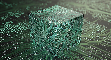 Futuristic glowing circuit board cube symbolizes digital innovation and complex data processing in a modern technology landscape