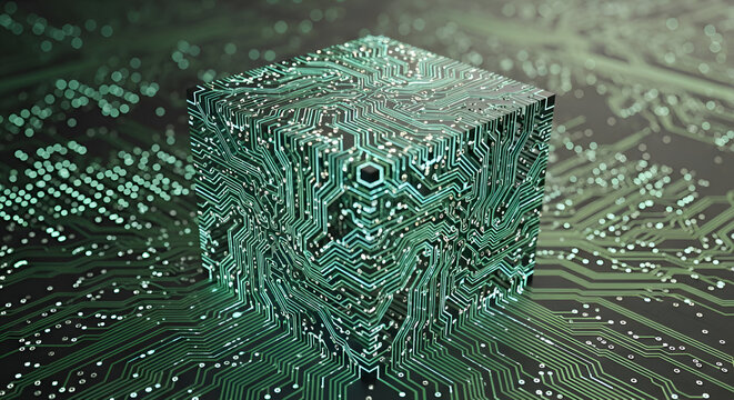 Futuristic glowing circuit board cube symbolizes digital innovation and complex data processing in a modern technology landscape