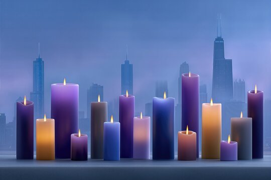 Lit Purple Candles Against Foggy City Skyline. Urban Memorial Or Peace Concept At Dusk. Blurred Modern Background