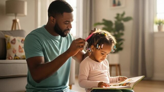 Father braids daughters hair while she reads a book at home.